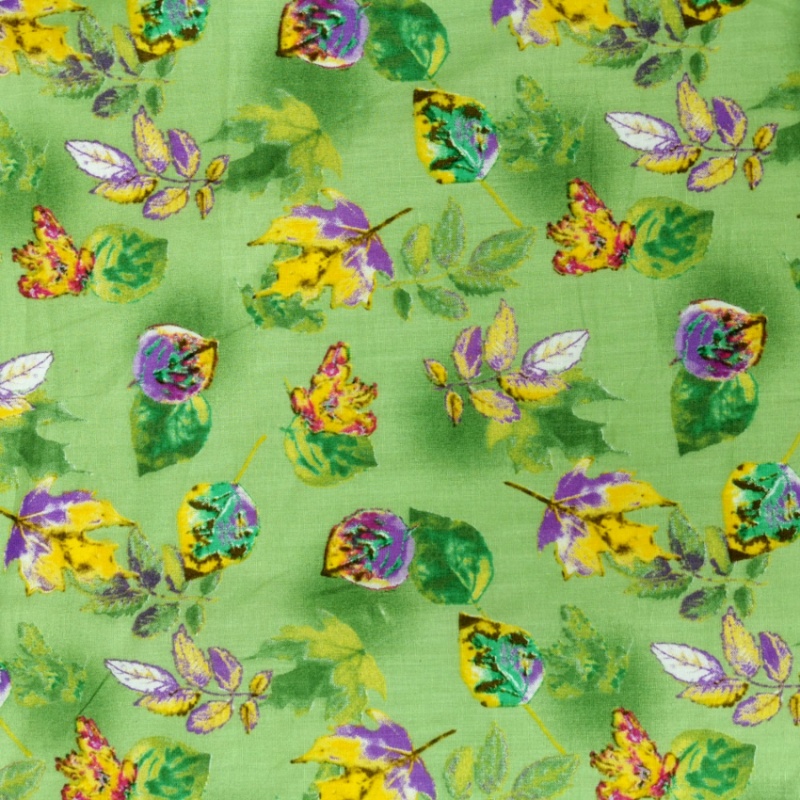 Printed Egyptian Cotton - Lilac and Yellow Autumn Leaves on Green